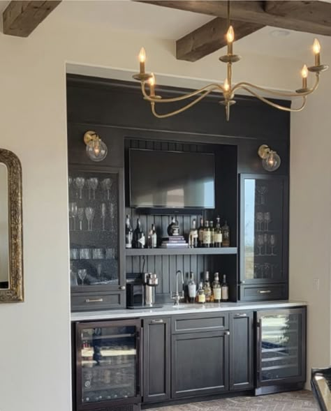 Bar Set Up In Dining Room, Moody Home Bar Design, Wall Bar With Tv, Bar In Dinningroom, Bar With Tv And Shelves, Home Office With Wet Bar, Large Home Bar Ideas, Bar Office Combo, Bar Ideas For Home With Tv