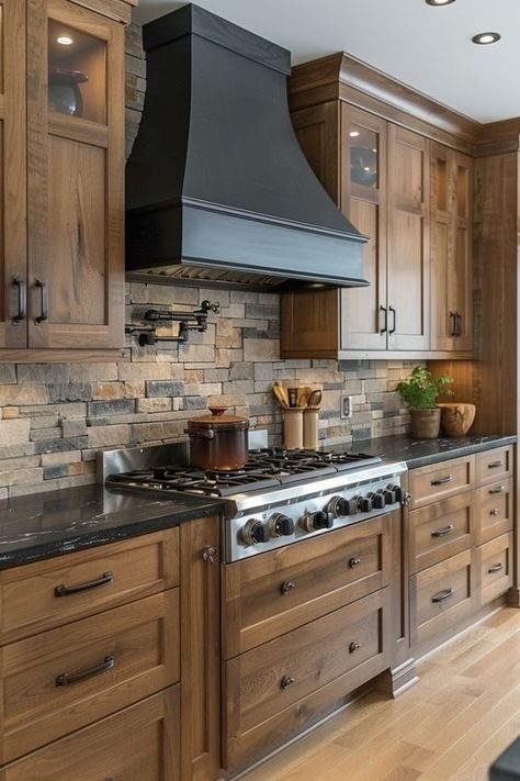 Modern Rustic Kitchen Design Ideas | Blend of Rustic Charm & Modern Style
rustic kitchen decorations Dark Wood Kitchen Backsplash, Knotty Alder Cabinets With Dark Countertops, Kitchen Remodel Light Brown Cabinets, Farmhouse Kitchen With Black Accents, Brick Backsplash Kitchen Wood Cabinets, Farmhouse Kitchen Dark Wood Cabinets, Brown Kitchen Cabinets Ideas, Countryside Cabinets, Modern Ranch Interior