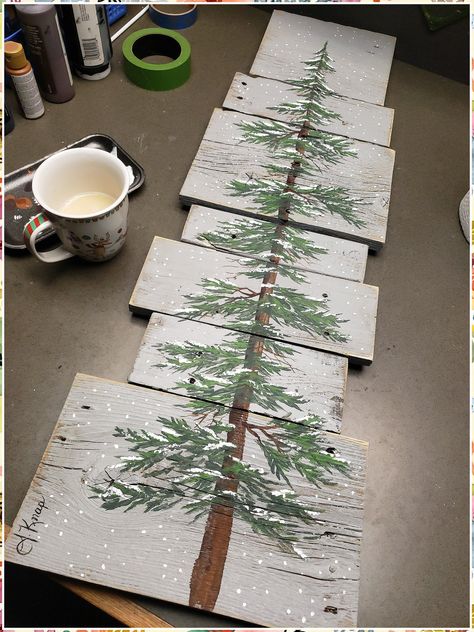 Christmas Porch Decor - Running Out of Time? Stop searching and buy it from here - Visit NOW!! Deco Noel Nature, Painting On Pallet Wood, Snow Painting, Pine Tree Painting, Farmhouse Grey, Christmas Rustic, Tree Winter, Farmhouse Christmas Tree, Falling Snow