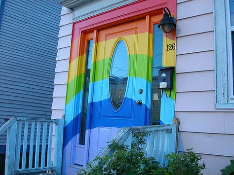 Bright Front Doors, Rainbow Door, Concrete Bathroom, Bedroom Door Design, Paint Color Inspiration, Painted Front Doors, Cool Doors, House Front Door, Front Door Colors