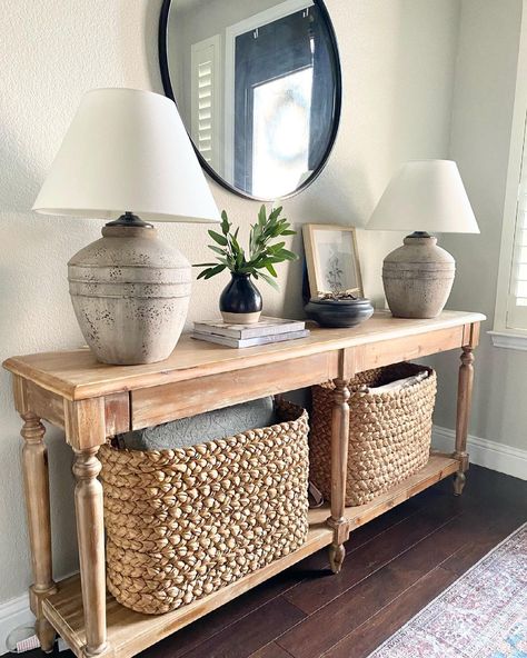 Entey Table, Entryway With Storage, Basket Collection, Entryway Inspiration, Entry Decor, Large Table Lamps, Seagrass Basket, Small Table Lamp, Home Entrance Decor