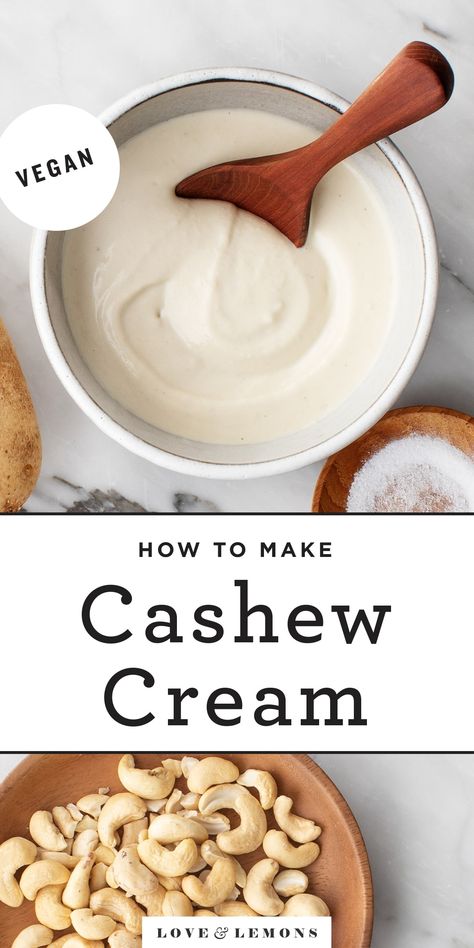 Easy vegan cashew cream is a delicious dairy-free substitute for heavy cream and sour cream! It's super creamy, rich, tangy, and versatile - top it onto bowls, tacos, pizza, baked potatoes, and more! | Love and Lemons #plantbased #vegan #dips #sauce Cashew Alfredo Sauce, Cashew Alfredo, Cashew Cream Recipe, Alfredo Sauce Recipe Easy, Cashew Recipes, Cashew Sour Cream, Creamy Vegan Pasta, Twice Baked Sweet Potatoes, Sandwiches Wraps