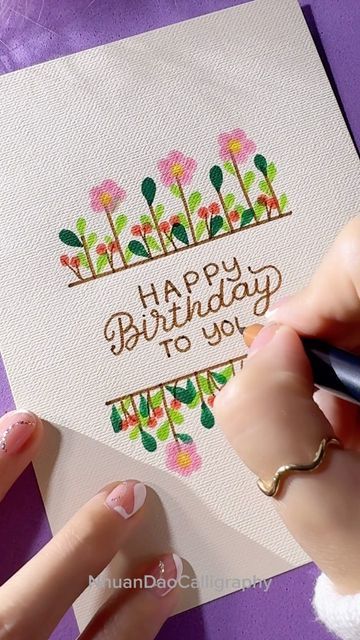 Hand Lettering Birthday Card Ideas, Draw A Birthday Card Hand Drawn, Card Fonts Hand Lettering, Calligraphy Projects Ideas, Brush Pen Birthday Card, Hand Lettering Cards Ideas, Aesthetic Handmade Cards, Aesthetic Greeting Cards Handmade, Aesthetic Birthday Cards Handmade