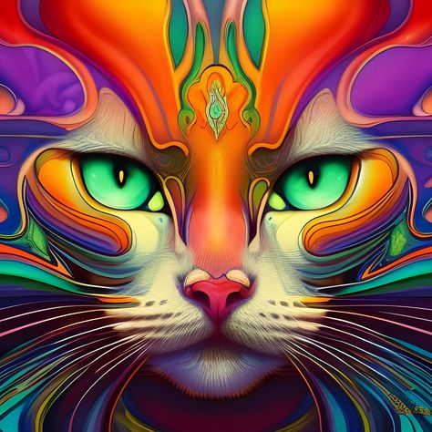 Piercing Eyes, Neon Artwork, Dark Days, Consciousness Art, Kitty Art, Pink Cloud, Rare Animals, Printed Art, Colorful Animals