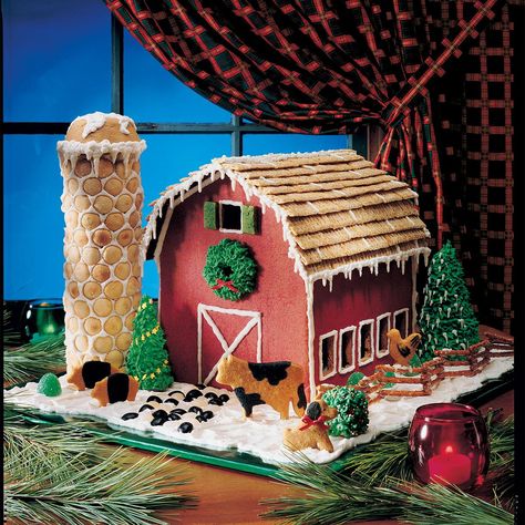 Gingerbread Barn Recipe -We came up with the "plans" for this Christmas gingerbread barn…then "stocked" it with farmyard friends. The country-as-can-be project will add a cheerful rustic touch to your holiday decor—and it's so easy to assemble, you can start raising the roof right away! —Taste of Home Test Kitchen Ginger Bread House Diy, Gingerbread House Parties, Gingerbread House Designs, All Things Gingerbread, Gingerbread House Cookies, Gingerbread Diy, Gingerbread Village, Gingerbread House Decorations, Candy House