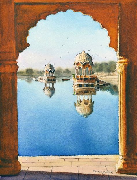 View In My Room Rajasthani Watercolor Painting, Indian Village Painting Landscapes, Painting Ideas Indian Art, Rajasthan Landscape, Small Landscape Paintings, Rajasthan Architecture, Rajasthan Jaisalmer, Rajasthan Painting, Painting Indian Art