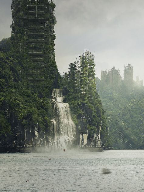 Cachoeira Malu'Kwat que desagua no Grande Rio Aruad - As Ruínas se tornaram Rocha Pura da mesma forma que a Mata das Torres de Metal Apocalyptic Art, Apocalypse Landscape, Matte Paintings, Post Apocalyptic City, World Inspiration, Abandoned City, Apocalypse World, Apocalypse Aesthetic, Post Apocalyptic Art