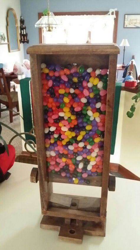 Jelly bean dispenser Jelly Bean Dispenser, Bear Scouts, Construction Ideas, Candy Dispenser, Jelly Bean, Kid Crafts, Mead, Wood Working, Ladder Decor