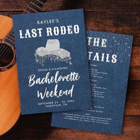 Last Rodeo Denim Diamonds Cowgirl Hat Bachelorette Invitation Denim Bachelorette Party, Denim And Diamonds Bachelorette Party, Diamonds Bachelorette, Rhinestone Cowgirl Hat, Nashville Itinerary, Diamond Theme Party, Diamonds And Denim Party, Rodeo Bachelorette, Itinerary Invitation