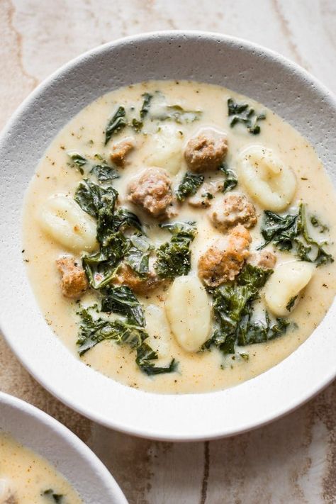 This easy gnocchi soup with sausage and kale is total comfort food! It's fast, filling, and is sure to be a new favorite. Easy Gnocchi Soup, Soup With Sausage And Kale, Kale Gnocchi, Harvest Kale, Easy Gnocchi, Soup With Sausage, Sausage And Kale, Salt Lavender, Sausage Kale