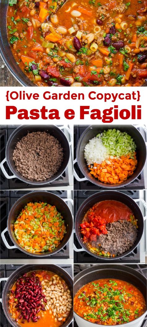 Try Pasta e Fagioli and you will be back for seconds. This Olive Garden copycat soup is loaded with delicious vegetables and protein - a true comfort food. #pastaefagioli #copycatrecipes #olivegardensoup #pastaefagiolisoup #soup #souprecipes #restaurantcopycatrecipes #natashaskitchen #groundbeef #beans #pasta Olive Garden Soups Fagioli, Pasta Fagioli Recipe Olive Garden, Pasta A Fagioli Soup, Soup Recipes Pasta Fagioli, Soup Pasta Fagioli, Italian Soup With Ground Beef, Olive Garden Pasta E Fagioli Soup Crockpot, Best Pasta Fagioli Recipe, Best Pasta Fagioli Soup Recipes