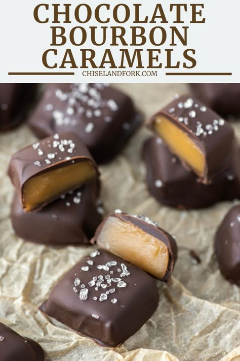 Chocolate Caramel Dessert, Chocolate Covered Caramels, Caramels Recipe, Caramel Dessert, Bourbon Caramels, Bourbon Recipes, Chocolate Candy Recipes, Chocolate Bourbon, Boozy Desserts