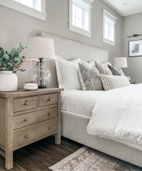 White Bed With Wood Nightstand, Neutral Colored Nightstand, Upholstered Bed Nightstand Ideas, Large Night Stands, Master Bedrooms Decor Nightstands, Farmhouse Nightstand Ideas, Modern Farmhouse Nightstand Decor, Neutral Bedroom Nightstands, Bed And Nightstand Ideas