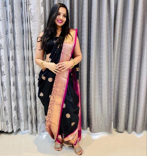 Makar Sankranti Special- dhoti style in black saree #blacksaree #dhotisaree #dhotistyle #blackforsankrant #makarsankranti #makarsankranti2021 #makarsankrantispecial #dhotidrape #maharashtrianlook #saree #maharashtriansaree #sareelove #sareedraping #sareedrape #dhotidrape #sareeforsankranti #silksarees #blacksilksaree #puresilk Black Saree For Makar Sankranti, Black Saree For Sankranti, Makarsankranti Black Saree Look, Sankranti Saree Look, Makar Sankranti Black Saree Look, Dhoti Style Saree, Saree Draping Ideas, Style Saree Draping, Makar Sankranti Photo