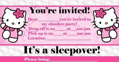 Here are two slumber party - or pajama party - invites that show Hello Kitty - click on the slumber party invite you like best and it will ... Sleepover Ideas Invitations, Hello Kitty Slumber Party Invitation, Hello Kitty Invitation Card Sleepover, Hello Kitty Sleepover Invitation, Hello Kitty Themed Sleepover, Hello Kitty Bday Invitation, Hello Kitty Birthday Party Invitations, Hello Kitty Sleepover Ideas, Hello Kitty Slumber Party