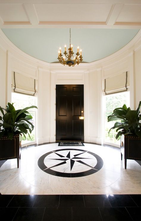 circular enty foyers | Margaux Interiors Limited - entrances/foyers - round foyer, foyer ... Round Foyer, Marble Foyer, Blue Ceiling, Floor Medallion, Marble Flooring Design, Foyer Flooring, White Marble Floor, Door Exterior, Blue Ceilings