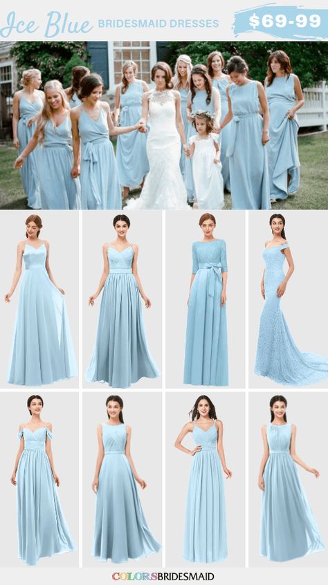 Ice blue bridesmaid dresses on sale $69-99, in 600+ custom-made styles and all sizes. 150+colors, made to order, fast arrived, color sample available. #colsbm #bridesmaids #bridesmaiddresses #bluewedding #weddingideas #bluedress b1172 Bridesmaid Dresses Light Pink, Blue Bridesmaid Dresses Winter, Ice Blue Bridesmaid Dresses, Bridesmaid Dresses Light, Light Pink Bouquet, Blue Color Palette Wedding, Pale Blue Bridesmaid Dresses, Ice Blue Bridesmaid Dress, Blue Bouquets