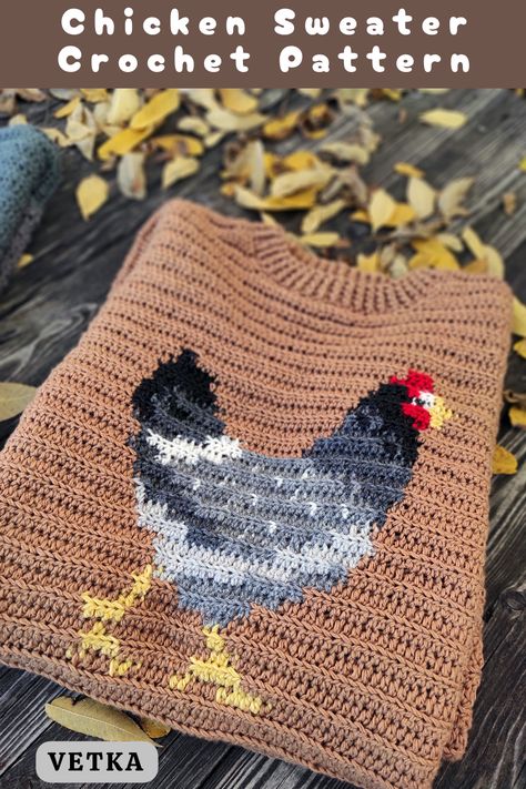 Chicken Sweater Pattern, Crochet Chicken Blanket Pattern, Crochet Chicken Sweater Free Pattern, Tapestry Crochet Jumper, Crochet Chicken Clothes, Fun Crochet Sweater, Crochet Chicken Granny Square, Tapestry Crochet Hat, Farm Crochet Patterns