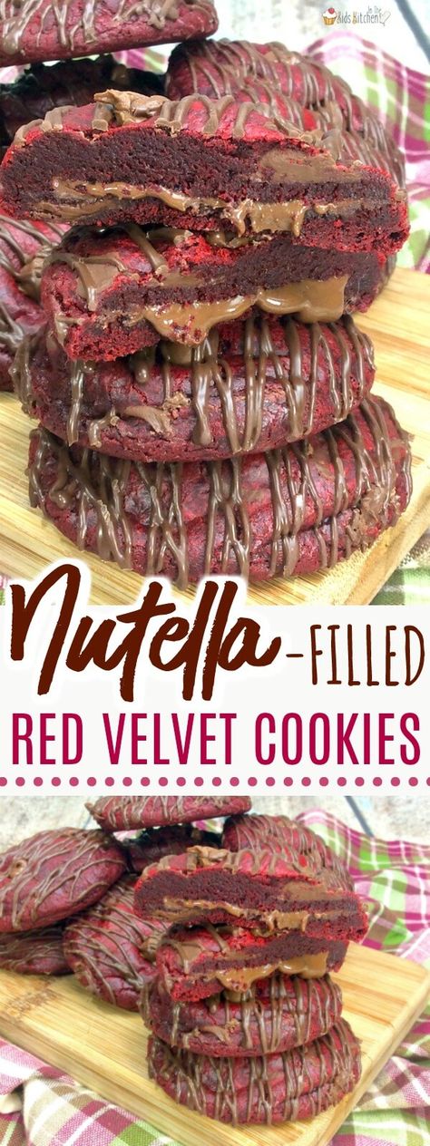 Stuffed Red Velvet Cookies, Moroccan Desserts, Red Velvet Cookie Recipe, Nutella Filling, Valentines Recipes, Strawberry Cake Mix Cookies, How To Make Nutella, Velvet Cookies, Dessert Cookies