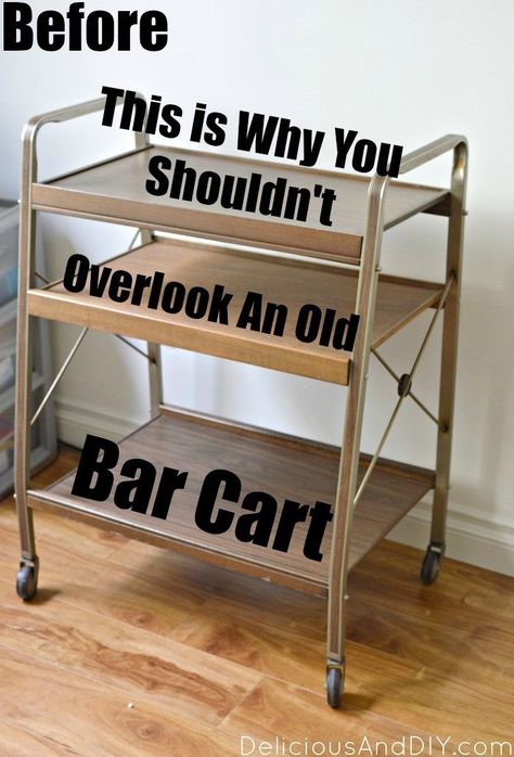 Diy Bar Ideas Small Spaces, Vintage Bar Cart Makeover, Alcohol Cart Ideas, Bar Makeover Ideas, Diy Bar Cart Repurposed, Bar Carts Ideas, Painted Bar Cart, Tea Cart Makeover, Vintage Bar Cart Styling