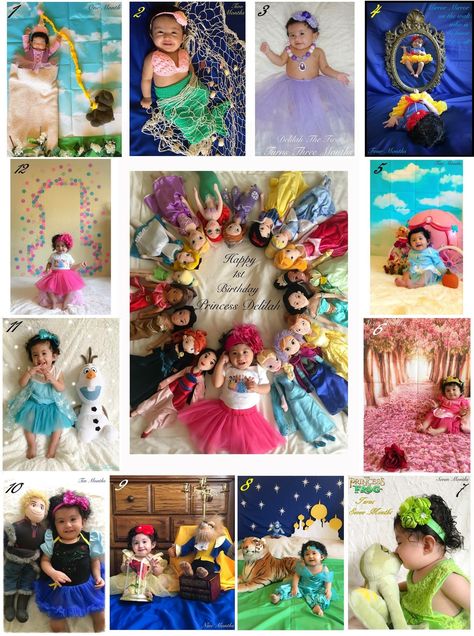 Disney princesses baby month by month one year photoshoot One Year Photoshoot, Princess Photo Shoot, New Baby Pictures, Disney Princess Babies, Baby Milestones Pictures, Monthly Pictures, Monthly Baby Pictures, Monthly Baby Photos, Milestone Pictures