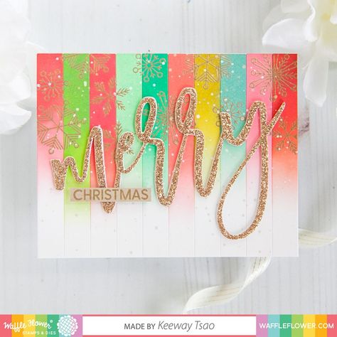 7 July 2019 | Kiwi Koncepts | Waffle Flower Oversized Merry | Today’s card features new Waffle Flower set called Oversized Merry. And the die cut word ‘merry’ is truly oversized! It covers the length of a landscape oriented A2 size card. I love using gold especially with my holiday cards. The oversized merry was die cut out of Welsh Gold Glitter Card, which is so very sparkly. I die cut the word three more times out of white card stock and layered it beneath it. Scrappy Cards, Tag Ideas, Christmas Card Inspiration, Holiday Images, Watercolor Christmas Cards, Diy Christmas Cards, Christmas Makes, Christmas Cards To Make, Cards Christmas