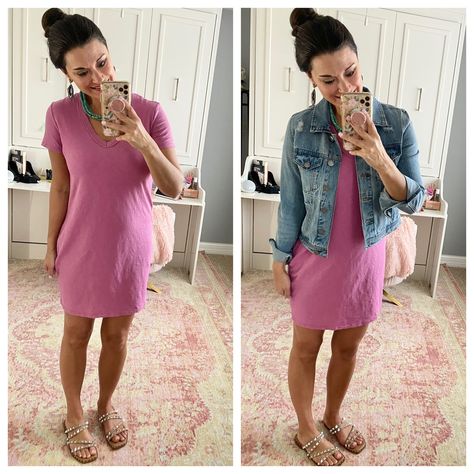 Pink Tank Dress Outfit, Pink Tshirt Dress Outfit Summer, Pink Sleeveless Maternity Dress For Spring, Tank Dress Outfit, Trendy Pink Button-up Dress, Pink Cotton T-shirt Dress For Spring, Target Favorites, Navy Denim Jacket, Small Jacket