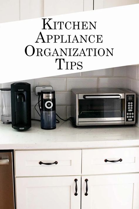 Need kitchen appliance organization tips? Check out this article to decide what to keep and where to store it all in your kitchen. Kitchen Organizing Countertop, How To Get More Counter Space In Kitchen, Small Kitchen With Appliances, Appliance Set Up In Kitchen, What To Keep On Kitchen Counters, Storage For Large Kitchen Appliances, Pantry Organization For Appliances, Kitchen Small Appliance Organization, Appliance On Countertop