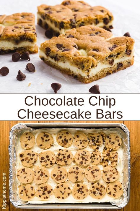 chocolate chip cheesecake bars, and a pan with cookie dough and cheesecake dough Chocolate Chip Cheesecake Cookies Recipe, Cookie Dough Crust, Cheesecake Bars Easy, Chocolate Chip Cheesecake Bars, Chocolate Chip Cookie Cheesecake, Fluffy Cheesecake, Cookie Bars Easy, Chocolate Chip Cheesecake, Cookie Bar