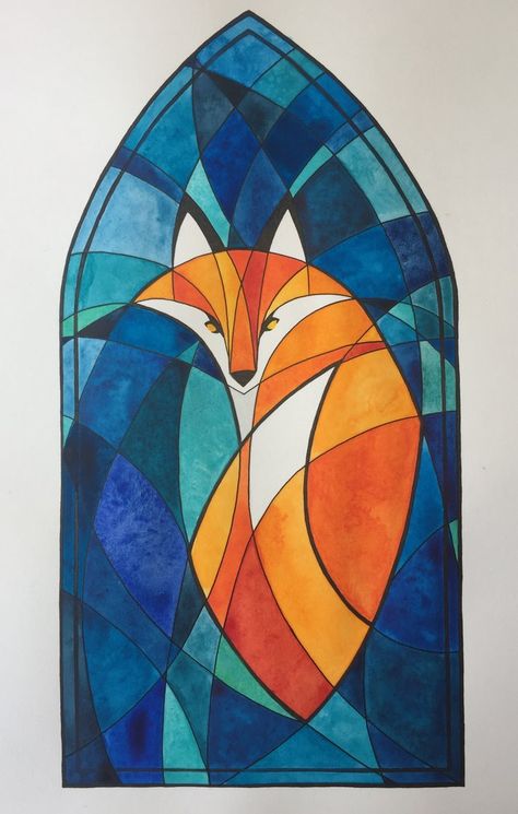 Stained Glass Drawing Ideas, Fox Stained Glass Art, Stained Glass Art Drawing, Stained Glass Watercolor Painting, Stained Glass Mural, Watercolor Stained Glass Painting, Stained Glass Tattoo Ideas, Stained Glass Art Patterns, Stained Glass Drawing