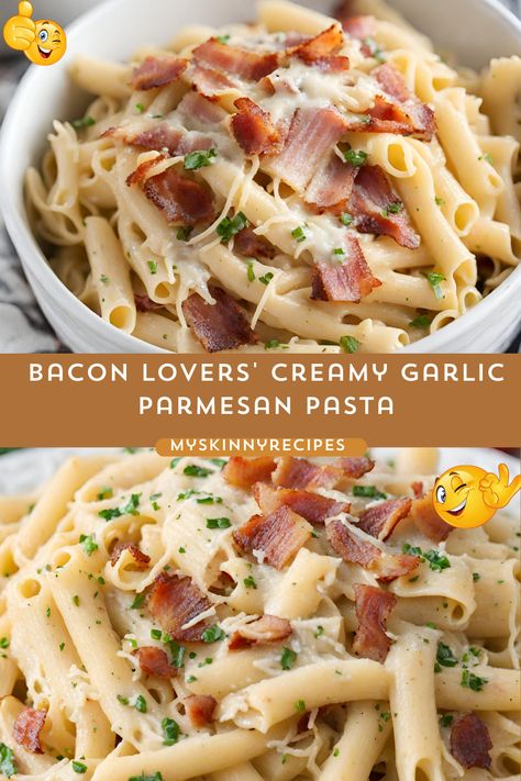 Treat yourself to a flavor-packed delight with our Bacon Lovers' Creamy Garlic Parmesan Pasta recipe! 🥓 Indulge in crispy bacon, creamy garlic sauce, and savory Parmesan cheese—all in one mouthwatering dish. Perfect for pasta lovers and bacon enthusiasts alike. Try it now! 😋🍝 #Bacon Lovers' Creamy Garlic Parmesan Pasta #myskinnyrecipes Shaved Parmesan Recipes, Pasta And Bacon Recipes, Bacon And Pasta Recipes, Bacon Parmesan Pasta, Creamy Garlic Parmesan Pasta, Cheesey Pasta, Bacon Pasta Recipes, Pasta With Bacon, Creamy Garlic Pasta