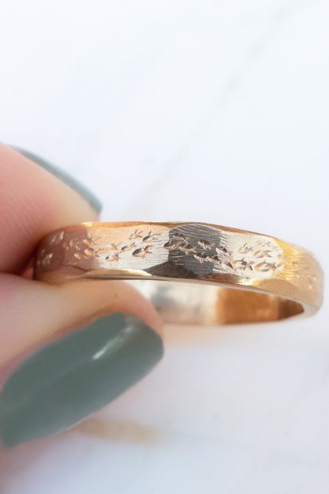 Fish ring handcrafted in 14k gold.  This unique wedding ring makes the perfect ring or gift for an ocean lover or fisherman.  The nature inspired wedding ring has a rustic filed texture, faceted smooth edges, and a school of fish dotting the surface of the ring.  On the inside of the rustic wedding band is a hand carved fish.  The 4mm width gold ring is made of 14k solid gold and is available in white, yellow, or rose gold.   Whether you're looking for a unique wedding band, or gifting yourself Ocean Wedding Rings, Japanese Wedding Band, Carved Wedding Band, Ocean Wedding Ring, Organic Wedding Ring, Fish Wedding, Rustic Wedding Band, Textured Wedding Ring, Ocean Wedding Theme