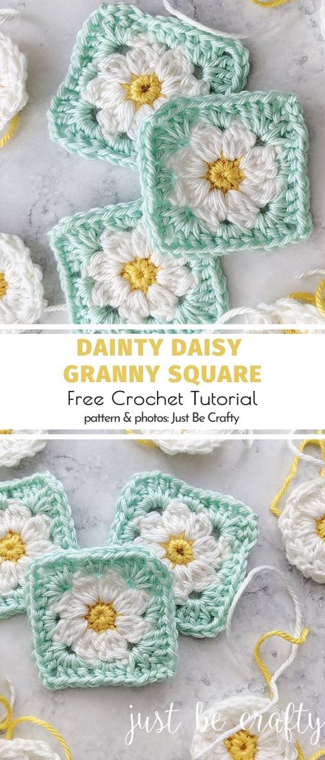 Daisy Granny Square Ideas and Patterns. Let us take a break from pink, red and sweet for a moment and focus on cool-toned squares in this lovely shade of pastel green. The squares are quite small and have wonderful textures. Use them for a pillow, a scarf or a baby blanket.  #freecrochetpattern #grannysquare #daisy Daisy Granny Square, Granny Square Pattern Free, Granny Square Häkelanleitung, Virkning Diagram, Motifs Granny Square, Granny Square Haken, Crochet Tutorial Pattern, Granny Square Crochet Patterns, Granny Square Crochet Patterns Free