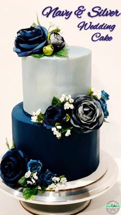 It’s shockingly simple to assemble and decorate this striking navy blue and silver cake - gorgeous and perfect for weddings, engagements, or anniversaries! #bluewedding #blueweddingcake #diywedding #diyweddingcake #weddingcakeroses #navysilverwedding Blue Silver Cake, Navy Blue Wedding Cakes, Wedding Cake Designs Simple, Cupcakes Flores, Cupcakes Design, Torte Creative, Silver Wedding Cake, Diy Wedding Cake, Fondant Wedding Cakes