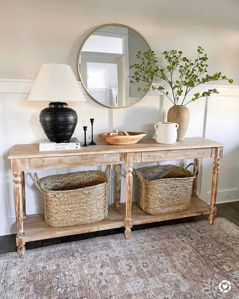 Entry Way Table Decor Simple, World Market Console Table, How To Decorate Entryway Table, Goodman House, Sofa Table Decor, Entry Table Decor, Entryway Decor Ideas, Vintage Style Rugs, Console Table Styling