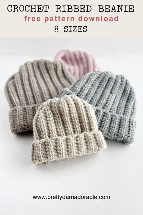 Get your hands on the Ribbed Crochet Beanie pattern absolutely free! This easy absolute beginner crochet pattern is available for instant PDF download in all sizes, complete with a handy sizing chart and complimentary video tutorial.  Crocheted using, single crochet, and half double crochet, this effortlessly chic hat pattern utilizes the back loop only technique. You'll find yourself returning to this easy-to-follow crochet pattern time and time again. Half Double Crochet Beanie Pattern Free, Crochet Ribbed Hat Pattern, Easy Crochet Hat Pattern Free, Crochet Ribbed Hat, Ribbed Crochet Beanie, Crochet Hat Size Chart, Baby Beanie Crochet Pattern, Crochet Hat Sizing, Kids Hats Patterns