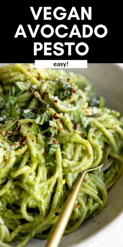 This avocado pesto pasta is rich, creamy and completely vegan! This healthy pesto pasta is ready in 20 minutes for a family favorite vegan dinner. Healthy Pesto Pasta, Quick Vegetarian Dinner, Avocado Pesto Pasta, Healthy Pesto, Dairy Free Pasta, Plant Based Recipes Dinner, Avocado Pasta, Avocado Pesto, Plant Based Dinner