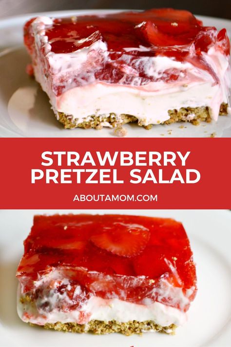 Strawberry Pretzel Salad is a classic sweet and scrumptious dessert. Creamy filling on a buttery, crunchy pretzel crust is the perfect base and topped with fresh strawberries and jello. Strawberry Pretzel Salad Cups, Peach Pretzel Salad, Pretzel Jello Dessert Strawberry, Strawberry Jello Pretzel Dessert, Strawberry Pretzel Jello, Spring Dessert Ideas, Jello Pretzel Salad, Raspberry Pretzel Salad, Pretzel Jello