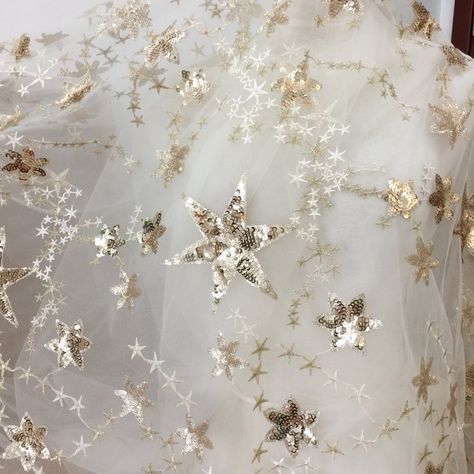 Top quality 3D gold sequin star embroidery lace fabric in | Etsy Gold Things, Prom Dress Couture, Silver Wedding Decorations, White And Gold Decor, Gold Room Decor, Haute Couture Fabric, Gold Aesthetic, Star Embroidery, White Tulle