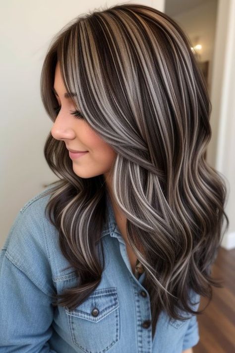 Balayage Gray Blending, Panel Highlights Hair, Hair Color Ideas Highlights Lowlights, Highlights For Dark Brown Hair Winter, Ashy Highlights On Black Hair, Blonde And Dark Brown Highlights, Grey Highlights On Dark Hair Brunettes, Chunky Blonde Highlights On Dark Hair, Dark Hair With Silver Highlights