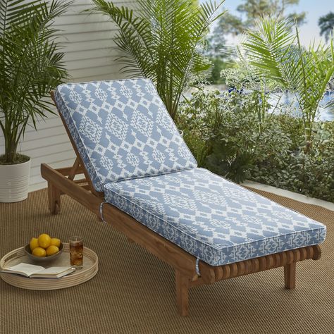 "Say goodbye to your tired outdoor setup and hello to summer with this beautiful blue color, hinged lounge cushions showcasing a durable, boho pattern fabric. Outdoor Chaise Lounge Cushions, Lounge Chair Cushions, Transitional Contemporary, Chaise Lounge Cushions, Lounge Cushions, Outdoor Cushions And Pillows, Outdoor Chaise, Outdoor Chaise Lounge, Sunbrella Fabric