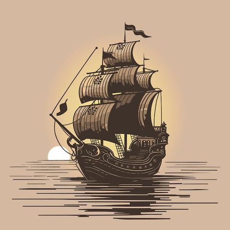 Vector wooden pirate sailing ship vector... | Premium Vector #Freepik #vector Experimental Comics, Cartoon Pirate Ship, Pirate Ship Drawing, Pirate Ship Art, Ship Vector, Pirate Boats, Ship Drawing, Marvel Avengers Movies, Avengers Movies