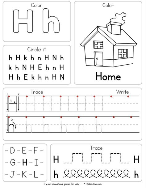 Letter H Worksheet, H Worksheet, Free Printable Alphabet Worksheets, Kids Handwriting Practice, Letter Worksheets For Preschool, Alphabet Worksheets Kindergarten, Writing Practice Worksheets, Coloring Worksheets, Kids Worksheets Preschool