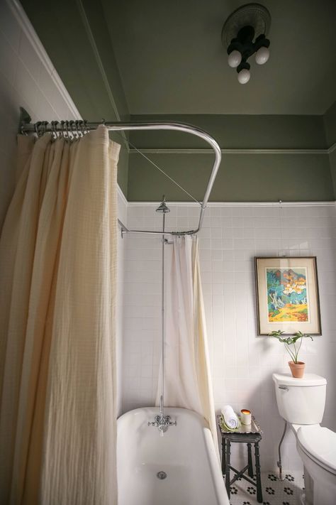 white walls in bathroom with ceiling painted with Sherwin Williams Evergreen Fog Timeless Bathroom Remodel, Sherwin Williams Evergreen Fog, Evergreen Fog, Sherwin Williams Extra White, 2022 Color Of The Year, Repose Gray Sherwin Williams, White Porcelain Tile, Ceiling Painting, Timeless Bathroom