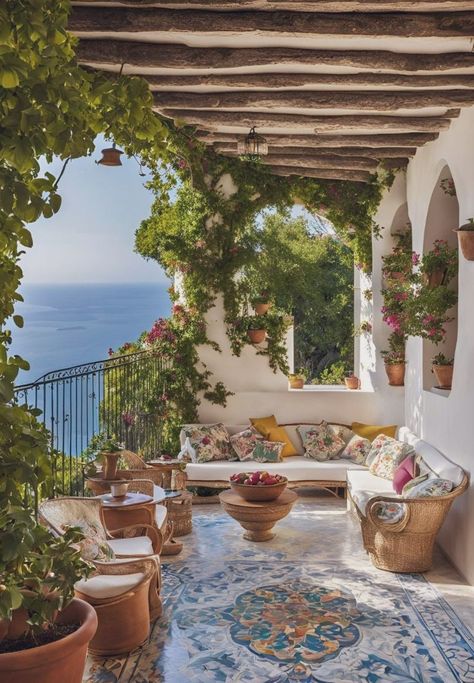 Coastal Italian Interior Design, House In Sicily, Amalfi Coast Homes, Amalfi Home Decor, Holiday Home Aesthetic, Italian Houses Interior Design, Italian Villa Backyard, Italian House By The Sea, Italian Traditional House