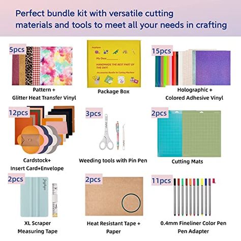 Accessories Bundle for Cricut Makers and Explore Air-Starter Kit 63Pcs with Heat Transfer and Permanent Vinyls, Cardstocks, Weeding Pin Pen Tools, Ultimate Crafter Supplies Gift for Beginner and Pros Pen Tools, Glitter Heat Transfer Vinyl, Weeding Tools, Crafter Gift, Pen Tool, Colored Pens, Card Envelopes, Permanent Vinyl, Vinyl Colors