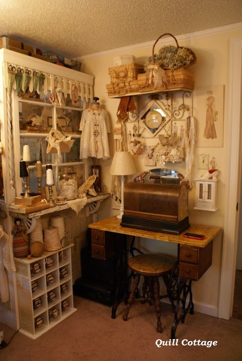 Quill Cottage: WHERE BLOGGERS CREATE 2012... Vintage Craft Room, Vintage Sewing Rooms, Sewing Area, Sewing Room Inspiration, Sewing Spaces, Deco Champetre, Coin Couture, Craft Room Design, Sewing Room Organization