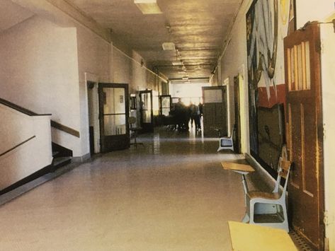 Hallway in old Cleburne High School Outside School Aesthetic, Haunted High School, 60s School Aesthetic, Old High School Aesthetic, 2010 High School Aesthetic, High School Drop Out, Public High School Aesthetic, High School Hallway Aesthetic, School Hall Aesthetic