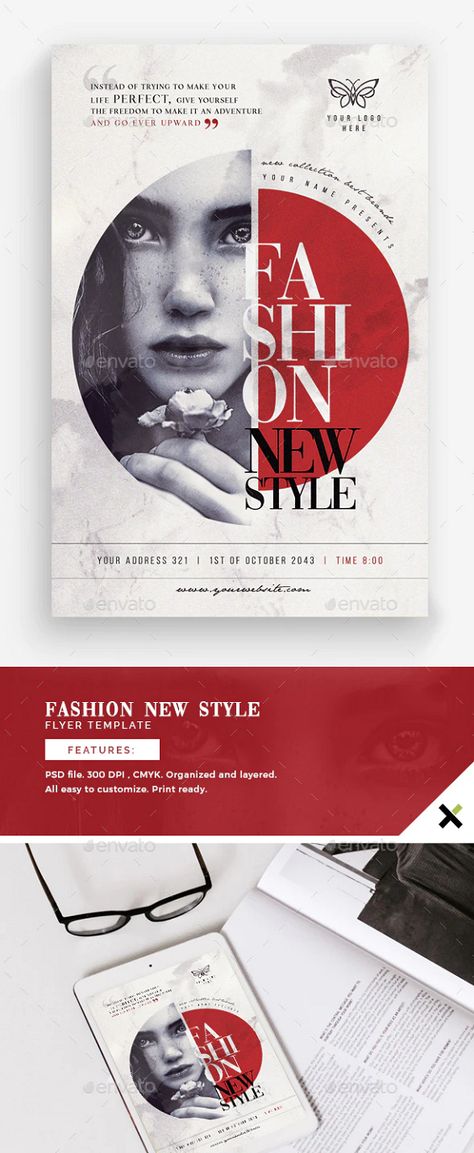 Fashion New Style Flyer Template boutique, chic, classy, couture, creative, disco, elegant, event, fancy, fashion, fest, glamour, invitation, marketing, mode, model, modern, new collection, night club, party, promotion, red, sexy, shop, shopping, show Features: The PSD file is 1725px x 2625px (5.5×8.5” with .25” bleeds) 300 DPI , CMYK The file is well organized, separated in color groups and layers named appropriately All easy to customize the title, text and colors Print ready Fashion Event Invitation, Party Promotion, Color Groups, Classy Couture, Fashion Show Invitation, Template Text, Fancy Fashion, Creative Invitations, Mode Chic