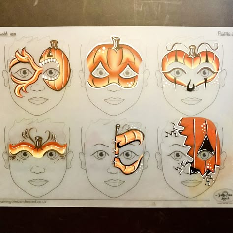 Halloween pumpkin 🎃 face painting practice board Halloween Face Painting Simple, Pumpkin Patch Face Painting, Simple Pumpkin Face Paint, Kids Face Painting Halloween, Pumpkin Face Paint For Kids, Fall Facepainting Ideas, Face Painting Booth Set Up, Fall Festival Face Painting Ideas, Face Painting Pumpkin